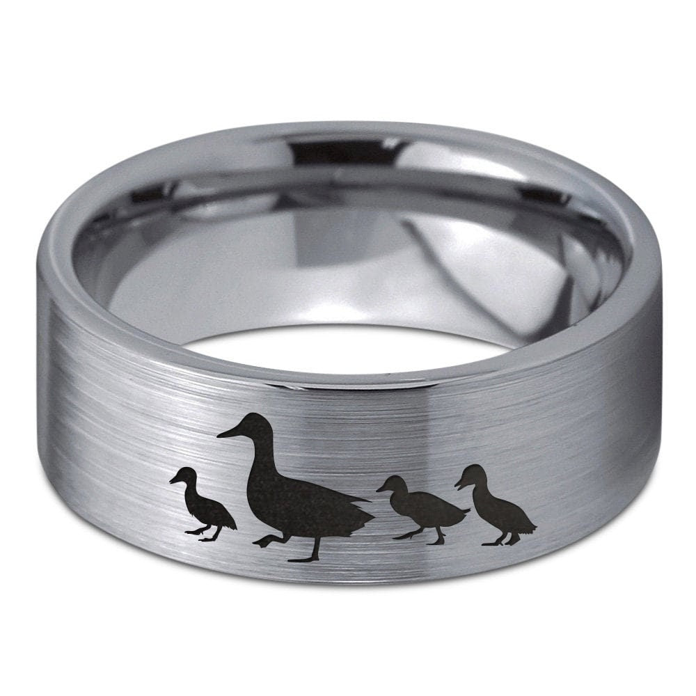 Engraved Duck Ring, Flat Cut Wedding Engagement Ring, Personalized Tungsten Ring, Husband Wife Gift, Promise Ring For Her, Gifts For Friends