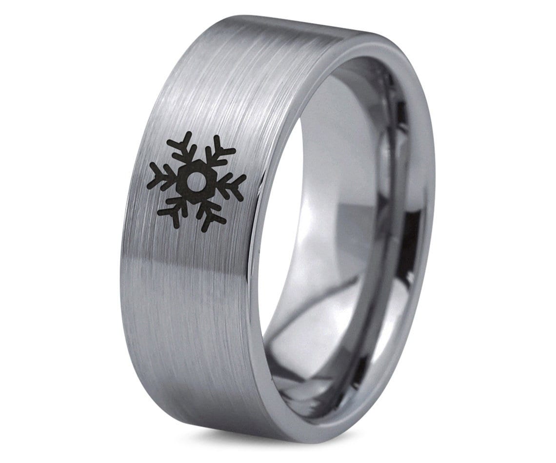 Winter Snowflake Ring, Womens Wedding Ring, Silver Tungsten Rings For Men, Flat Cut Ring, His and Her, Promise Ring, Birthday Gift For Him