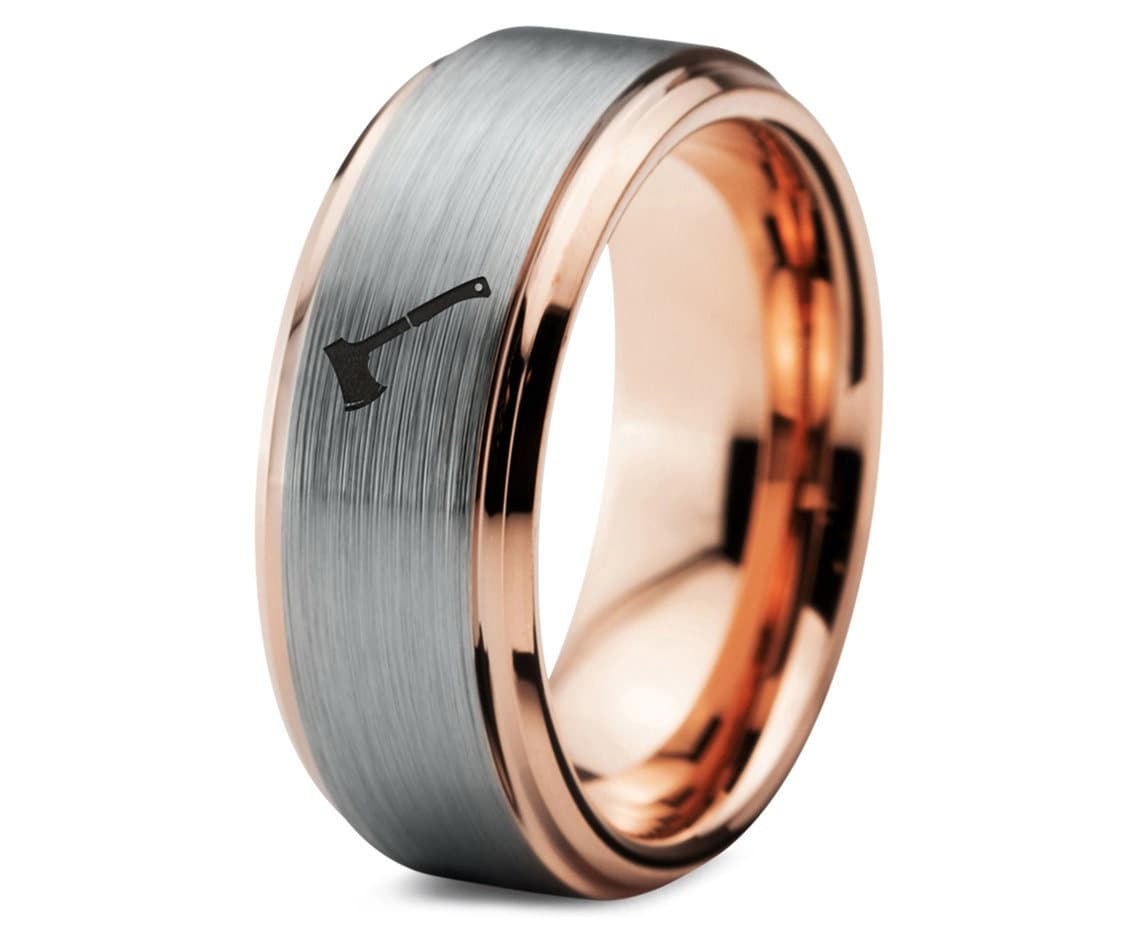 Engraved Hunting Axe Ring, Mens Wedding Ring Gray, Rose Gold Tungsten Carbide Ring, Anniversary Gifts For Boyfriend, His And Hers Ring