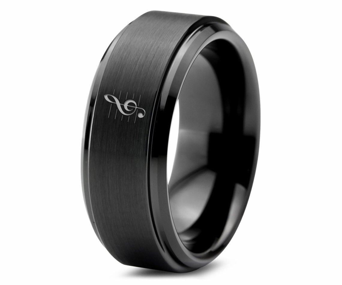 Vocal Line Treble Music Ring,Music Sheet Ring,Artists Ring,Mens Wedding Band,Step Bevel Black Tungsten Ring,Perfect Ring For Music Lovers