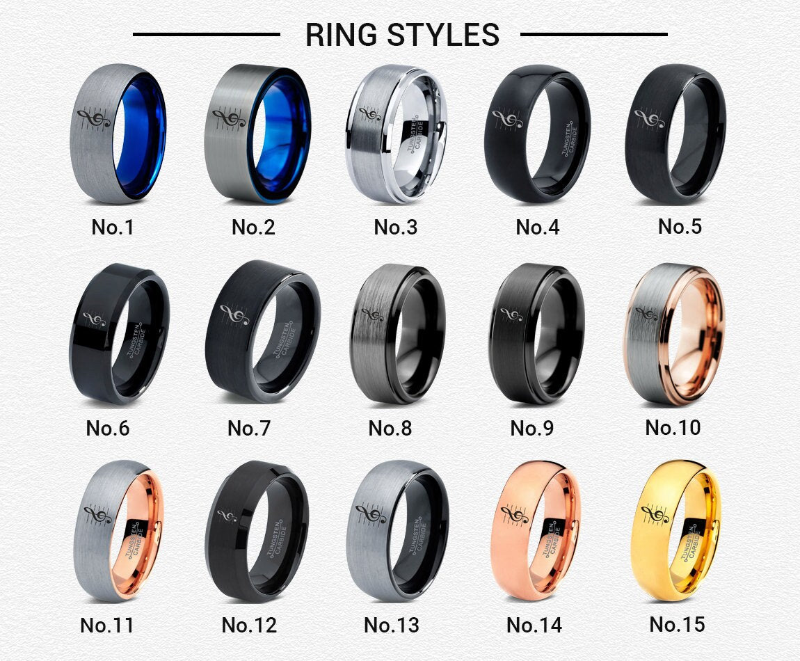 Vocal Line Treble Music Ring,Music Sheet Ring,Artists Ring,Mens Wedding Band,Step Bevel Black Tungsten Ring,Perfect Ring For Music Lovers