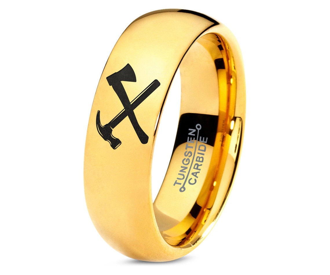 Claw Hammer Splitting Ax Ring, Yellow Gold Wedding Band, Tungsten Promise Ring, Polished Tungsten Rings For Men, Gifts For Girlfriends