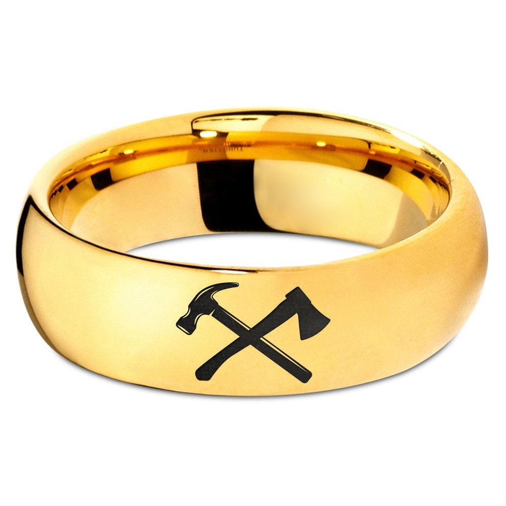 Claw Hammer Splitting Ax Ring, Yellow Gold Wedding Band, Tungsten Promise Ring, Polished Tungsten Rings For Men, Gifts For Girlfriends