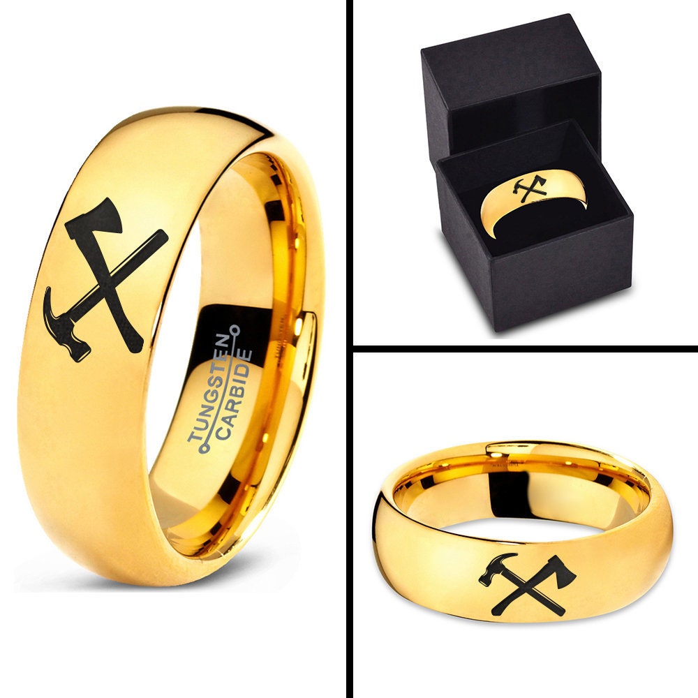 Claw Hammer Splitting Ax Ring, Yellow Gold Wedding Band, Tungsten Promise Ring, Polished Tungsten Rings For Men, Gifts For Girlfriends