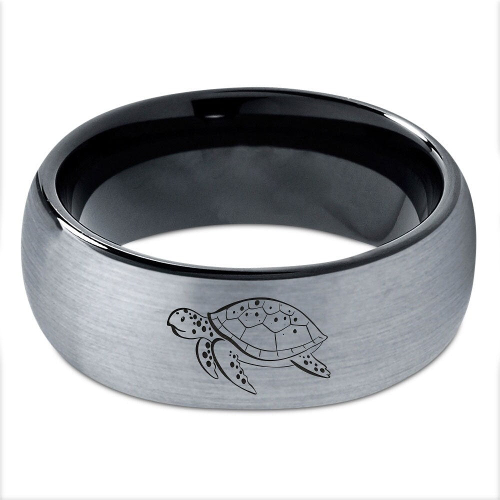 Turtle Flying Ring, Mens Silver Grey Ring, Personalized Domed Tungsten Ring, Black Tungsten Wedding Band, Engraved Ring, His and Hers Rings