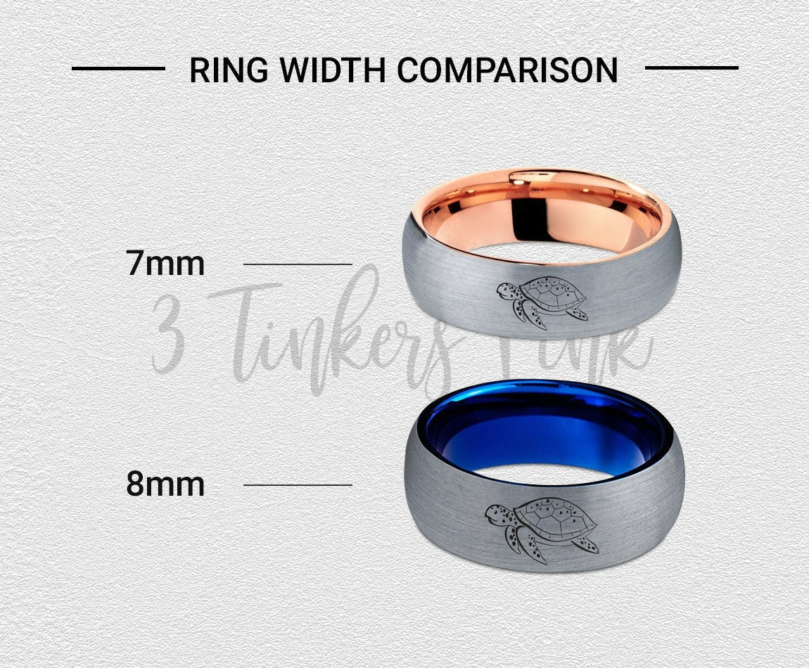 Turtle Flying Ring, Mens Silver Grey Ring, Personalized Domed Tungsten Ring, Black Tungsten Wedding Band, Engraved Ring, His and Hers Rings