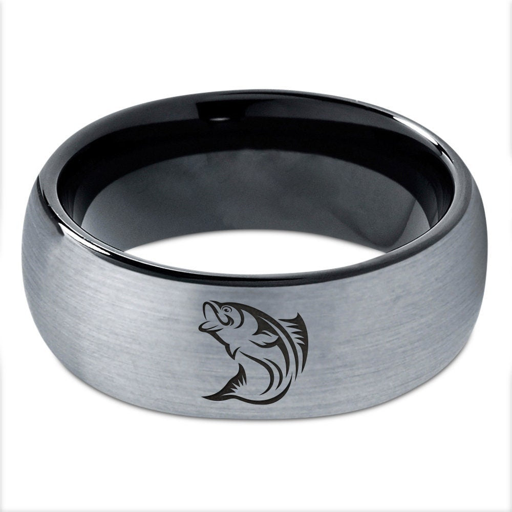 Monster Fish Ring | Silver Wedding Band | Black Tungsten Fisherman Fishing Ring | Domed Tungsten Ring | Top Engraved Ring | Gifts for Him