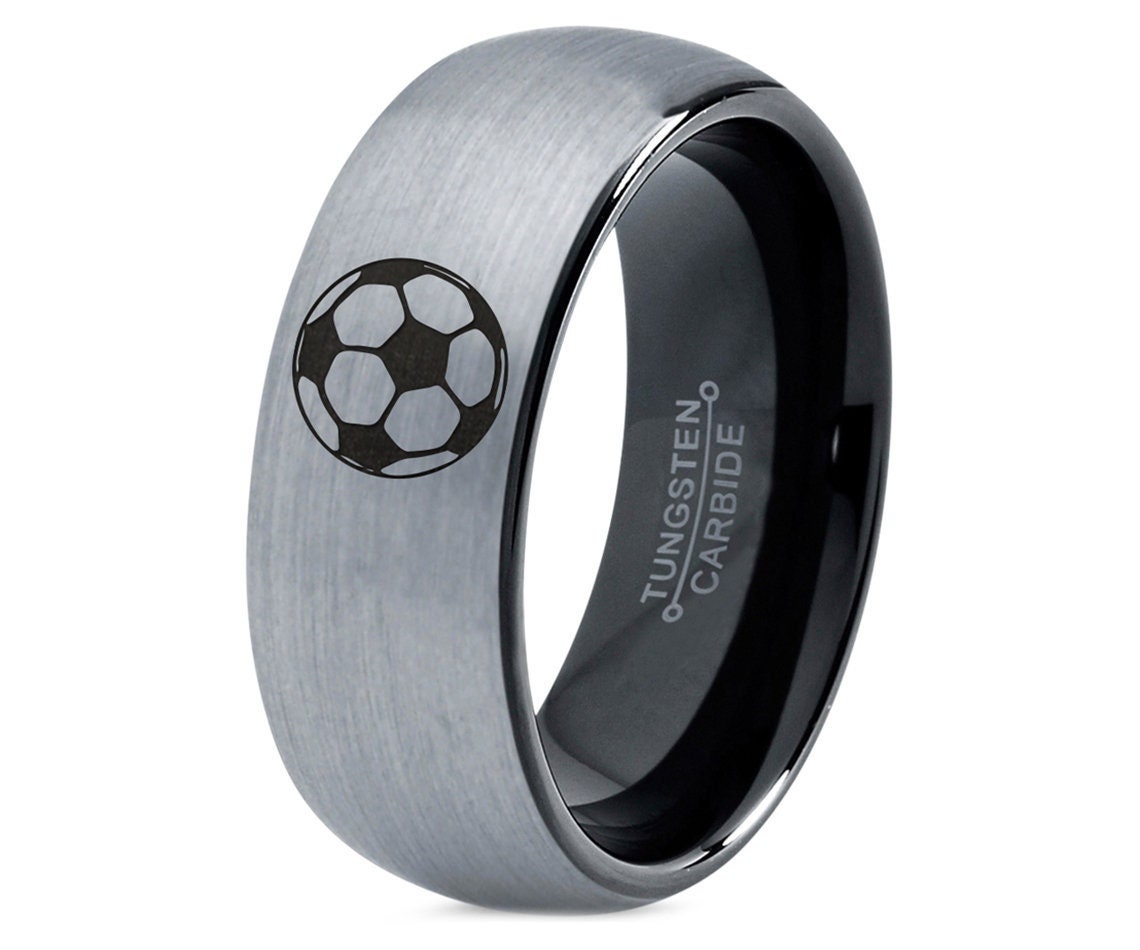 Soccer Football Ring - Wedding Engagement Rings - Engraved Ring - Silver Gray Tungsten Rings For Men - Black 8mm Black Ring - Free Shipping