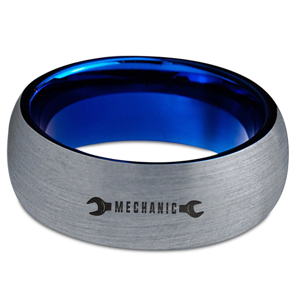 Mechanic Wrench Ring - Blue Wedding Rings For Men - Awesome Tungsten Ring - His and Her Ring - Silver Dome Engraved Ring - Engagement Ring