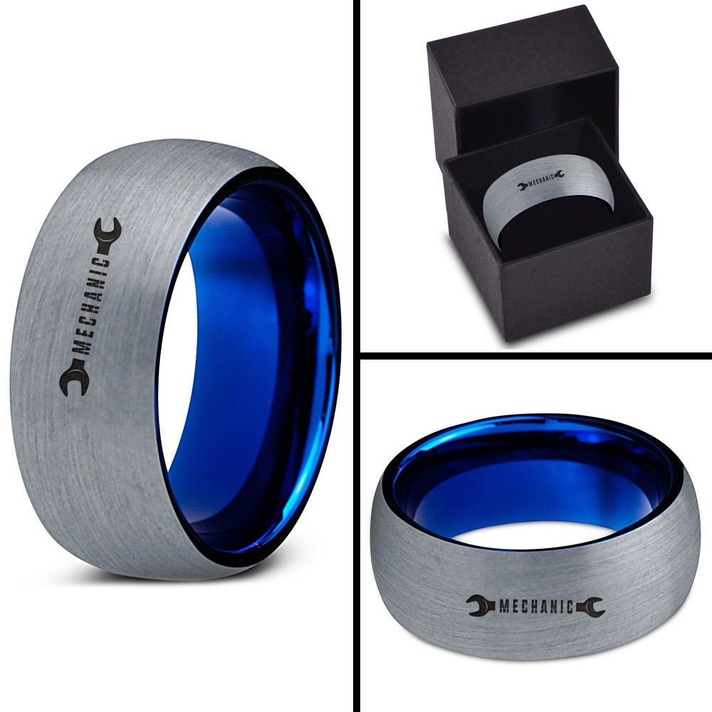 Mechanic Wrench Ring - Blue Wedding Rings For Men - Awesome Tungsten Ring - His and Her Ring - Silver Dome Engraved Ring - Engagement Ring