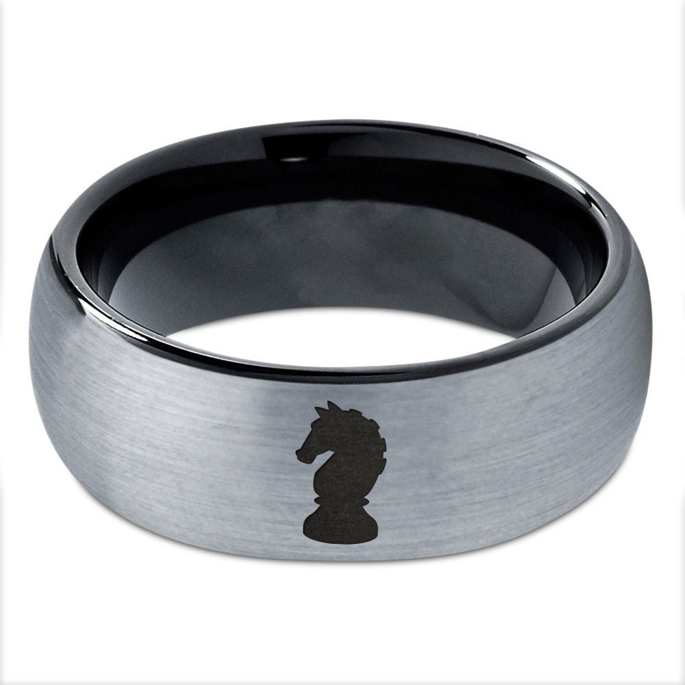 Engraved Chess Knight Ring | Mens Gray Rings | Women Tungsten Ring | Black Rings For Girls | Personalized Gifts For Mom | Gifts For Him