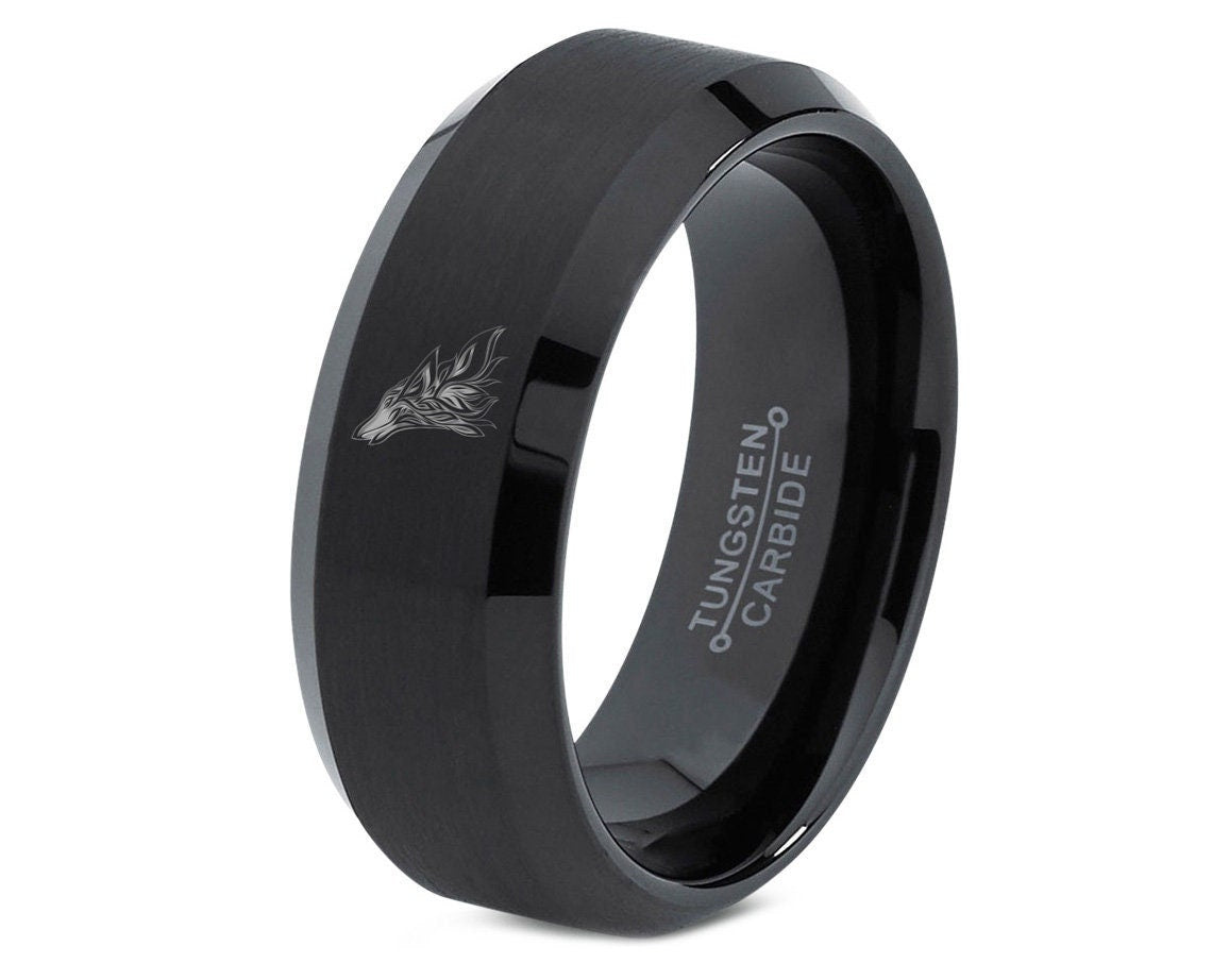 Men's Wolf Ring | Black Wedding Bands For Men | Tungsten Band Women | Rings For Her | Unique Valentine Gift | Gifts For Anniversary