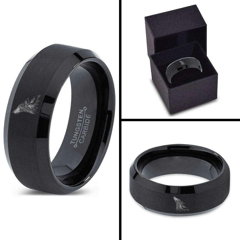 Men's Wolf Ring | Black Wedding Bands For Men | Tungsten Band Women | Rings For Her | Unique Valentine Gift | Gifts For Anniversary