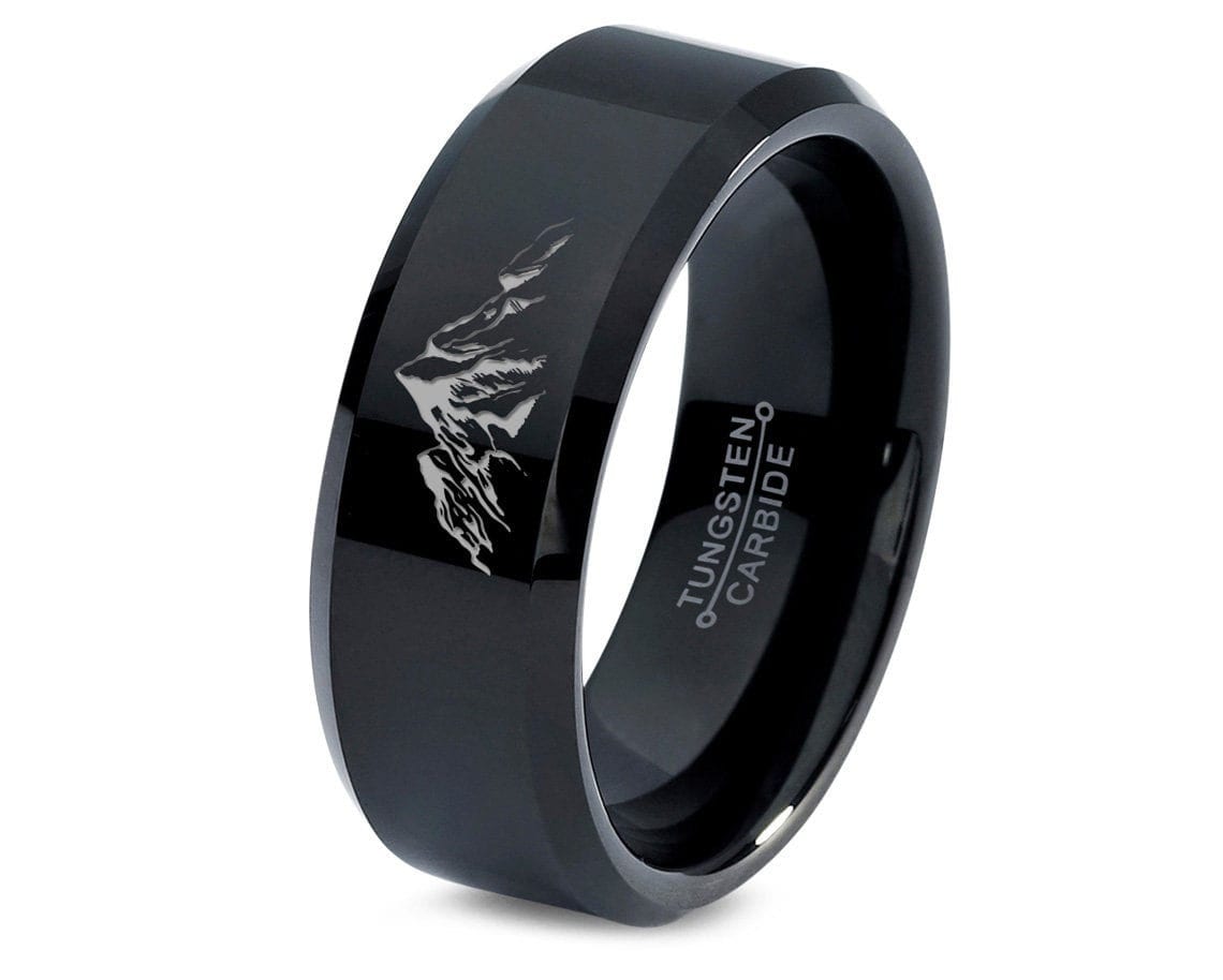 Mountain Ring - Men's Black Wedding Band - His and Hers Rings Tungsten - Black Brushed Ring - Engraved Promise Ring - Her Engagement Rings