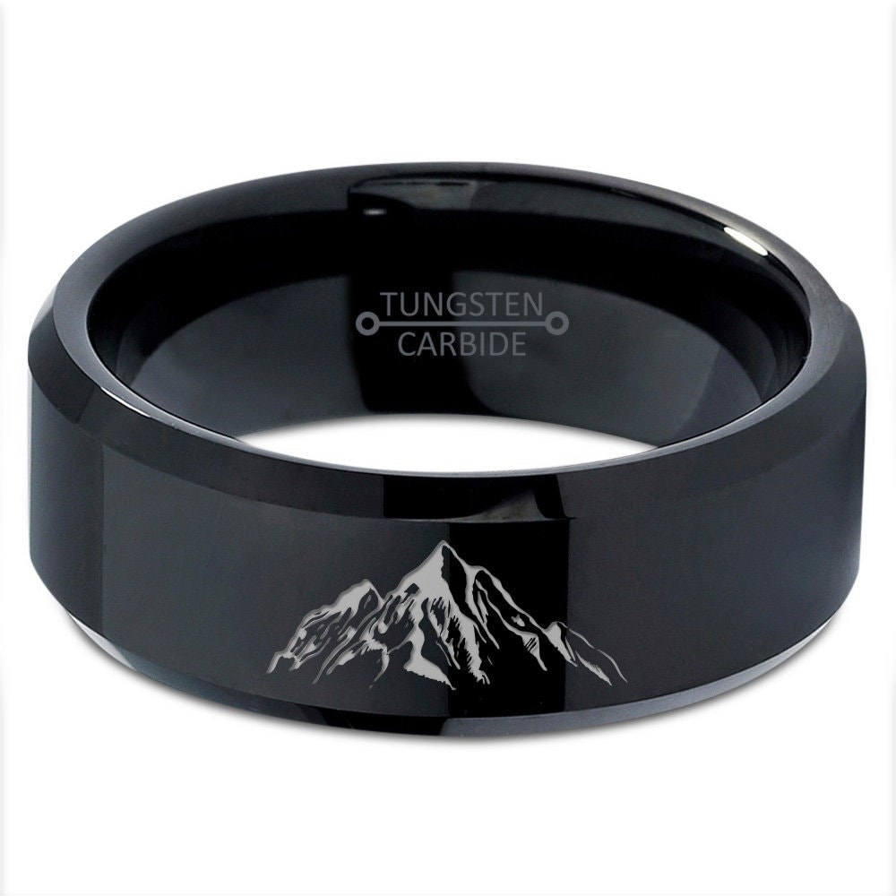 Mountain Ring - Men's Black Wedding Band - His and Hers Rings Tungsten - Black Brushed Ring - Engraved Promise Ring - Her Engagement Rings