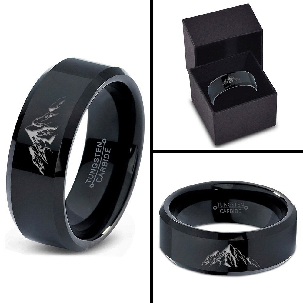 Mountain Ring - Men's Black Wedding Band - His and Hers Rings Tungsten - Black Brushed Ring - Engraved Promise Ring - Her Engagement Rings