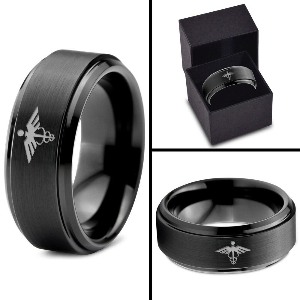 Special Edition Ring - Medical Sign Wing Ring - Black Tungsten Women - Ring For Doctor - His and Hers Couples Rings - 8mm Engagement Ring