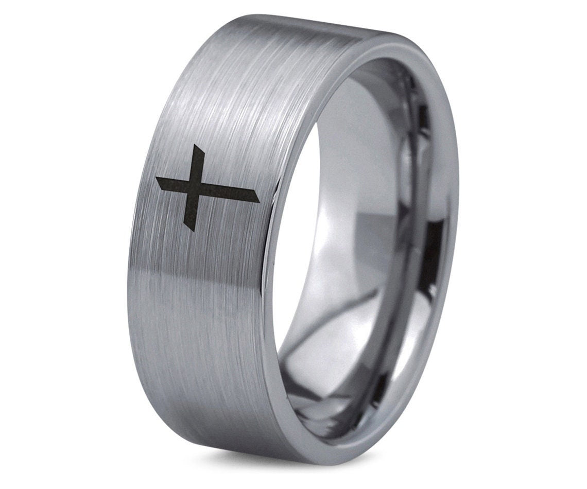 Delicate Cross Ring, Holy Cross Ring, Silver Gray Wedding Band Women, Tungsten Wedding Band Men, Mom Christmas Gifts, Best Friend Gifts