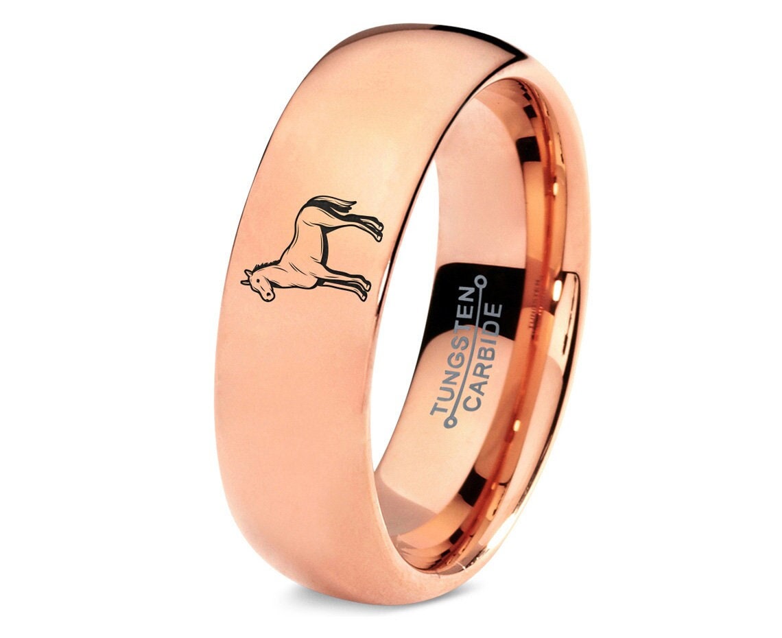 Laser Marking Race Horse Ring - Wild Animal Ring  - Rose Gold Wedding Ring - 7mm Tungsten Couples Rings - Engagement Gifts- Free Shipping