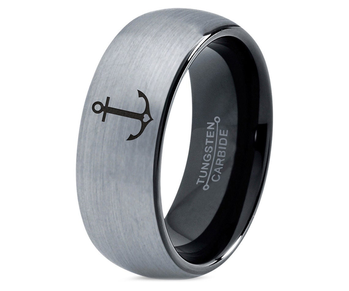 Marine Navy Anchor Ring, Gray Woman's Wedding Band, Black Tungsten Ring Men, Silver Engraved Ring, His and Her Promise Ring, Birthday Gifts