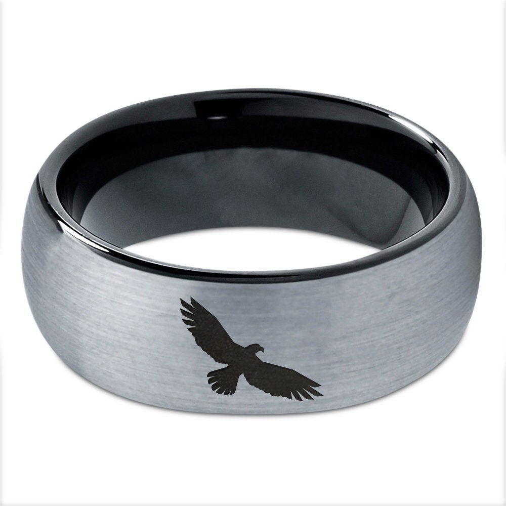 Flying Sea Eagle Ring - Black Wedding Band - Men's Tungsten Ring - Dome Brushed Ring - Gray Wedding Band - Ring For Women - Anniversary Gift