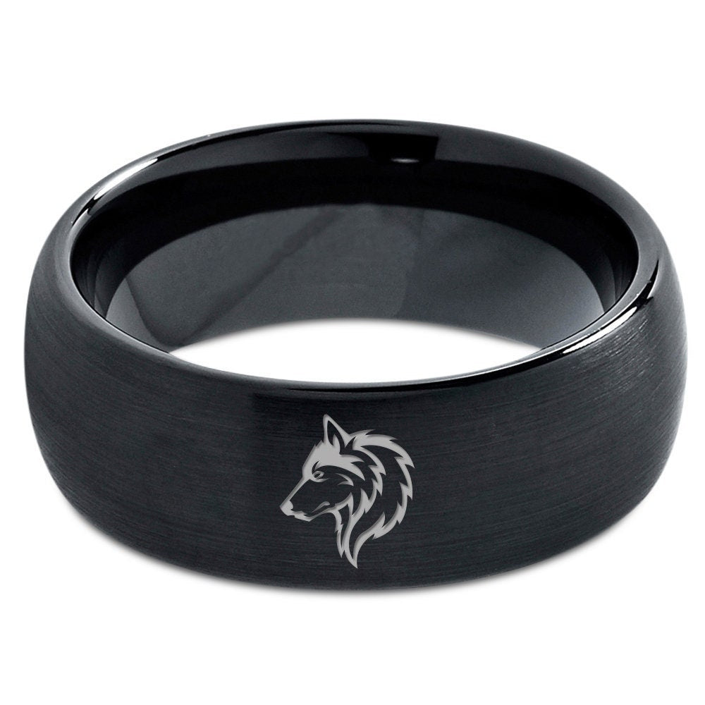 Wild Wolves Head Ring - Black Wedding Ring - Brushed Tungsten Ring - Simple Black Jewelry - Rings For Couples - Dome Engagement Rings