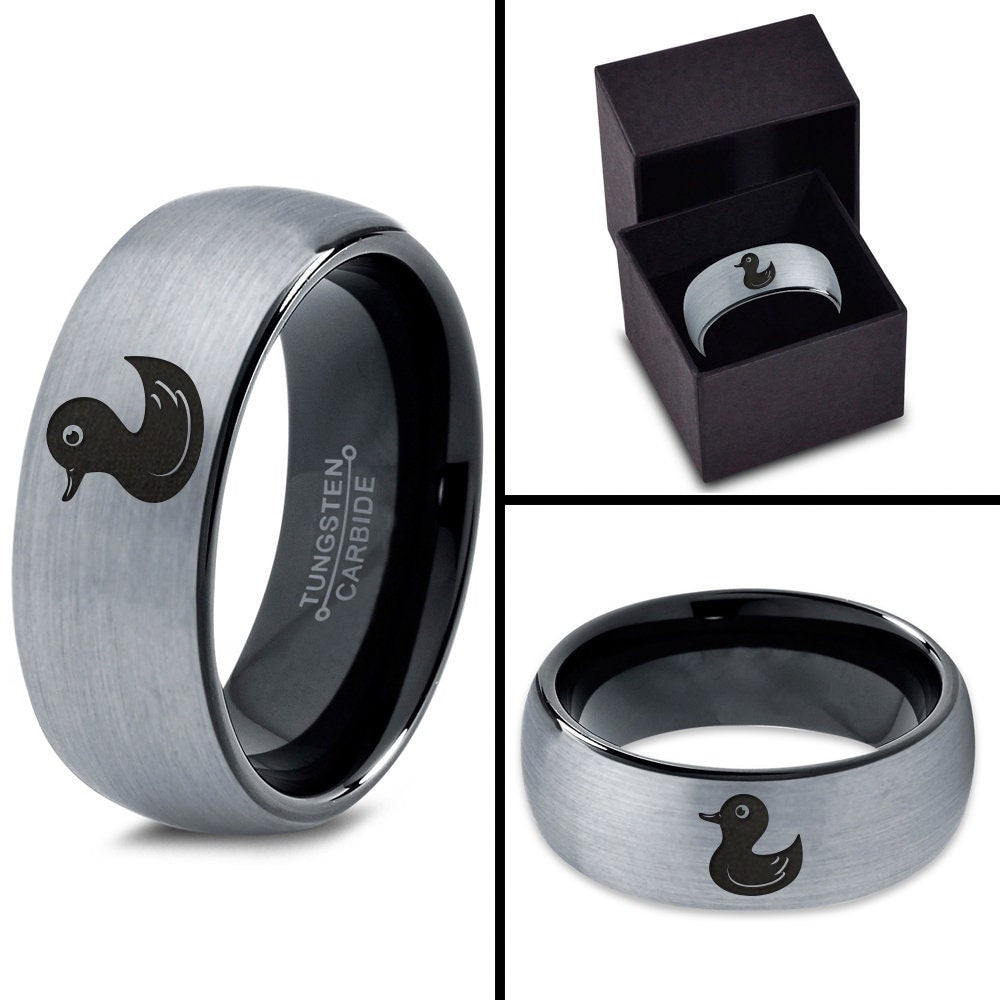 Duck Duckling Ring - Engraved Animal Ring - Mens Wedding Bands - Dome Black 8mm Ring - Silver Brushed Tungsten Rings - Her and Hers Gifts