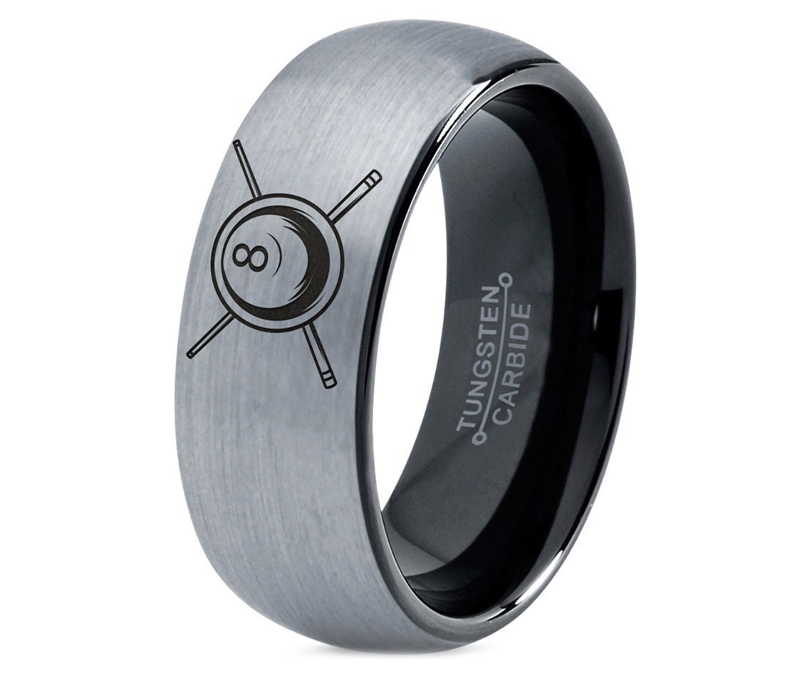 Engraved Cue Stick 8 Ball Ring - Gray Wedding Rings For Men - Tungsten Black Ring - Gold Men Rings - Laser Marking Ring - All Size Available