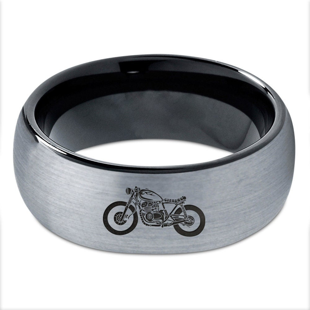 Engraved Racer Motorcycle Wedding Band Women, Black Gray Brushed Ring, Black Tungsten Ring, Gifts For Biker, Best Friend Gift Personalized