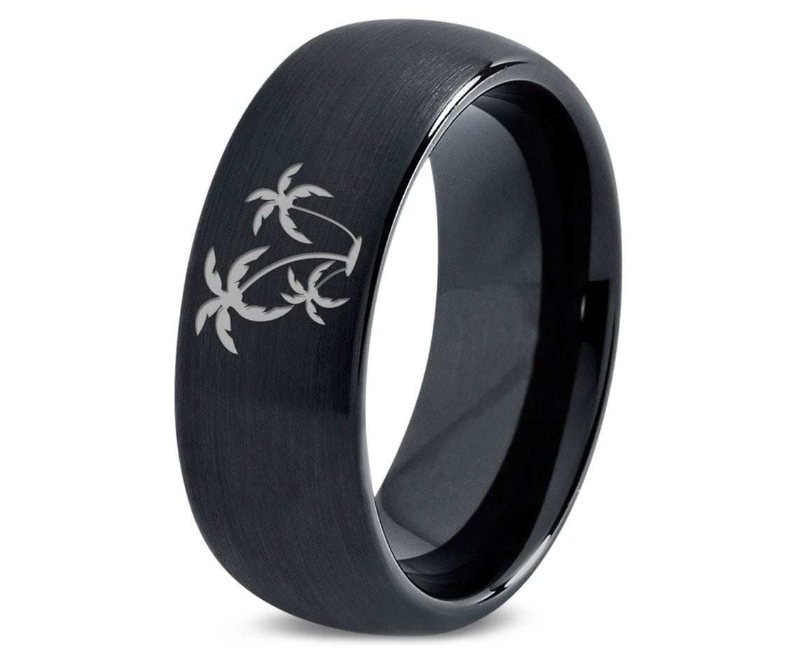 Ring For Couples - Coconut Tree Wedding Band Black - Sets His And Hers - Personalized Mens Rings Tungsten, Best Gifts For Her, Promise Ring