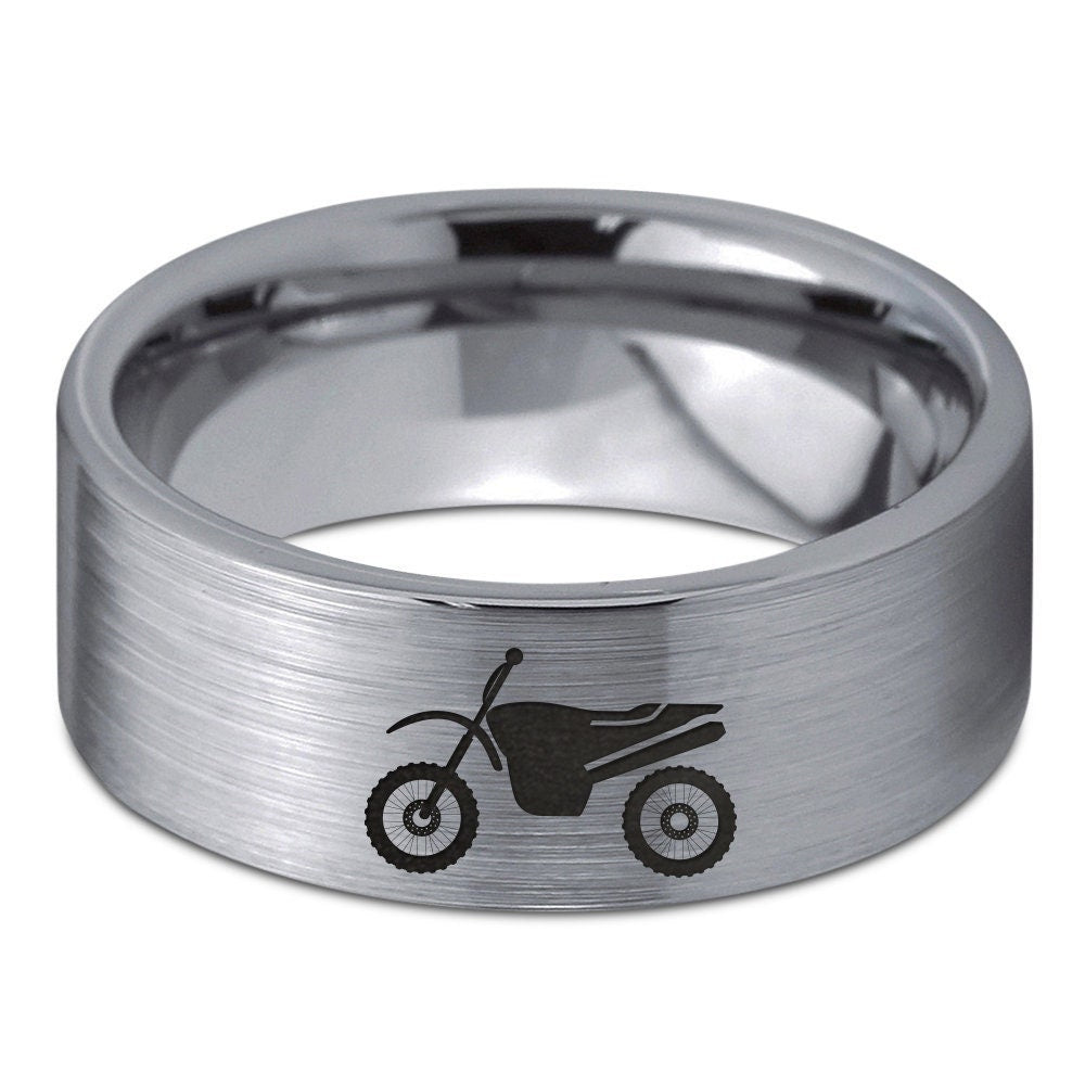 Climb Race Bike Ring | Mens Wedding Band Tungsten | Flat Silver Gray Ring | Personalized Gift For Him | Laser Engraved Ring | Comfort Fit