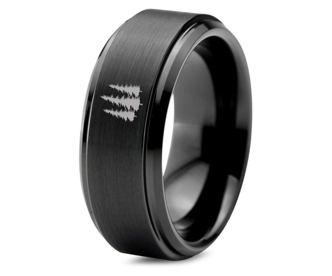 Snowy Fir Tree Forest Ring, Men'S Wedding Ring, Black Tungsten Band, His and Her Ring, Anniversary Gifts For Boyfriend, Free Shipping