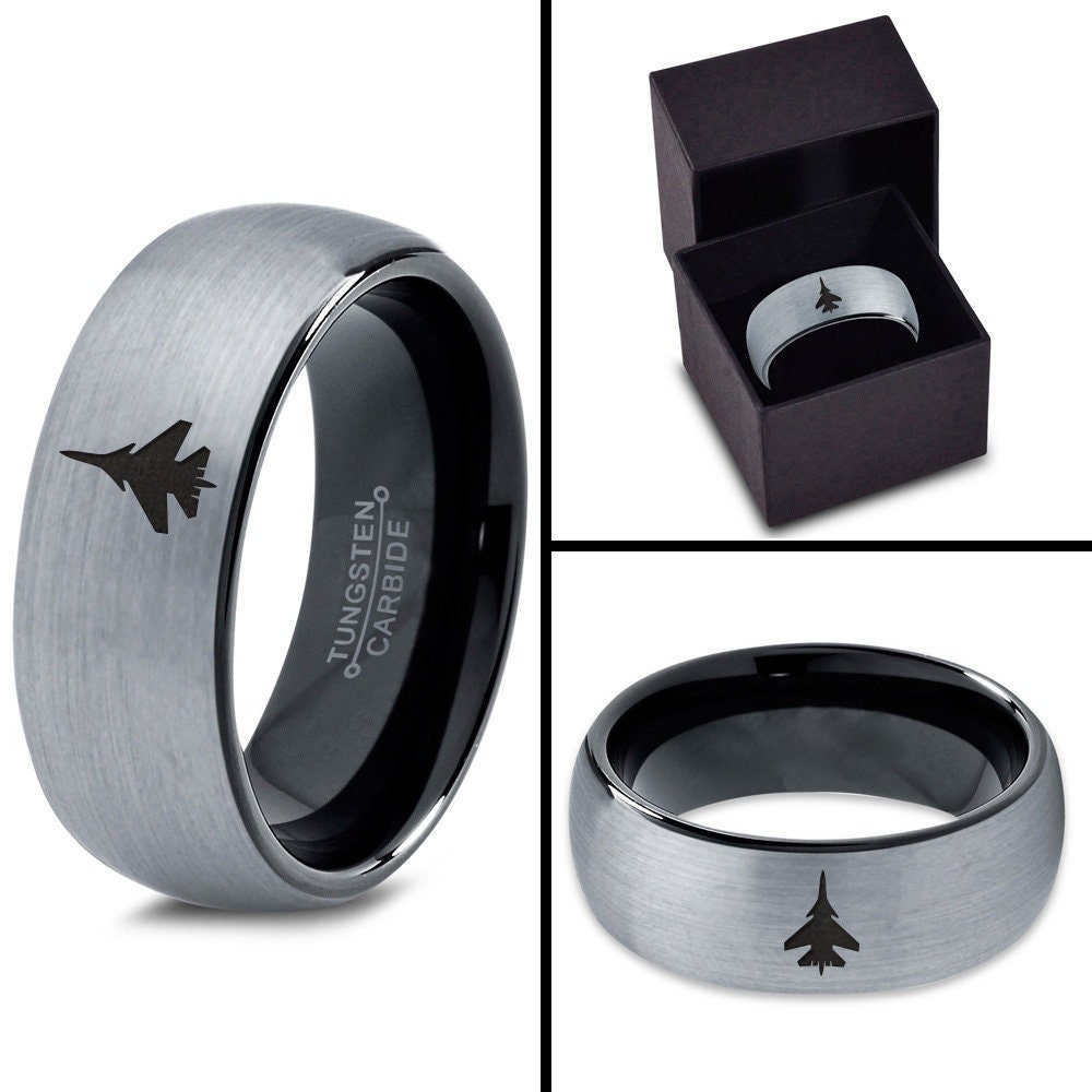 Military Fighter Aircraft Ring - Men Wedding Bands - Black Tungsten Ring - Womens Ring Silver - Engraved Ring - Unique Engagement Rings