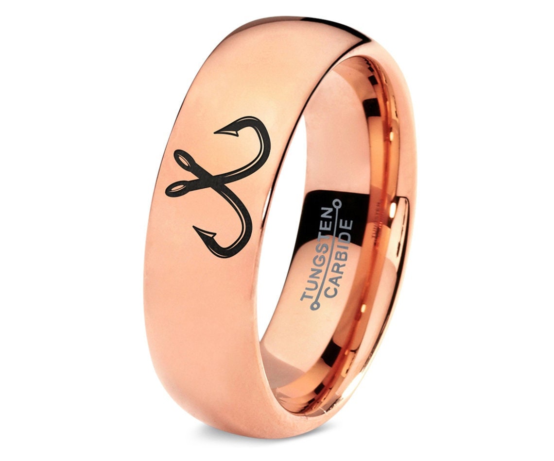 Fishing Rod Hook Engraved Ring,His and Hers Rose Gold Wedding Bands,Rose Gold Tungsten Carbide Ring,Promise Ring,7mm Ring,Matching Ring