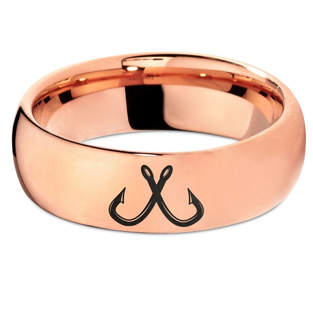 Fishing Rod Hook Engraved Ring,His and Hers Rose Gold Wedding Bands,Rose Gold Tungsten Carbide Ring,Promise Ring,7mm Ring,Matching Ring