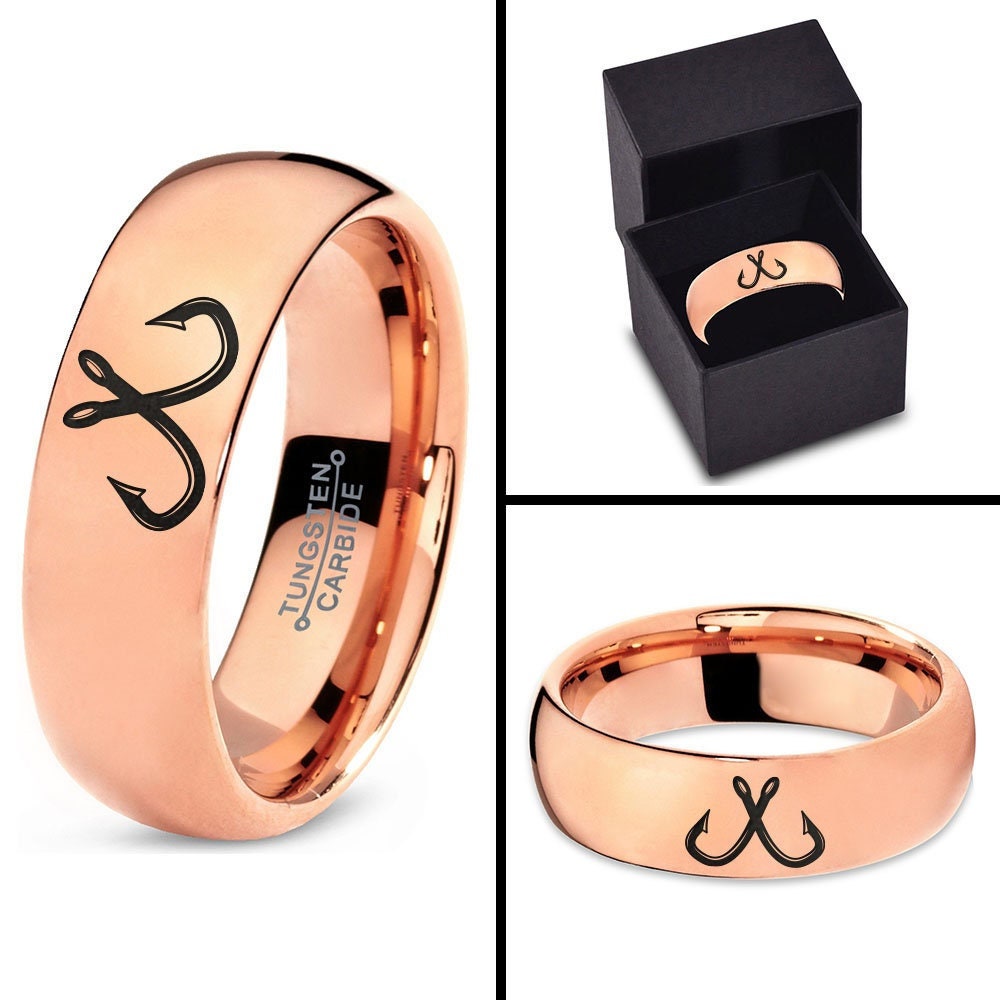 Fishing Rod Hook Engraved Ring,His and Hers Rose Gold Wedding Bands,Rose Gold Tungsten Carbide Ring,Promise Ring,7mm Ring,Matching Ring