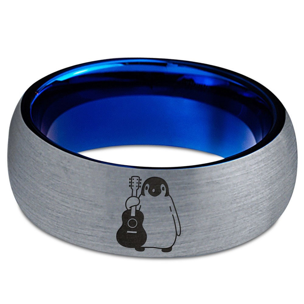 Penguin Character Guitar Ring,Tungsten Blue Ring,Silver Grey Brushed Ring,Mens Wedding Band,Tungsten Ring 8mm, Gifts for Him, Valentine Gift