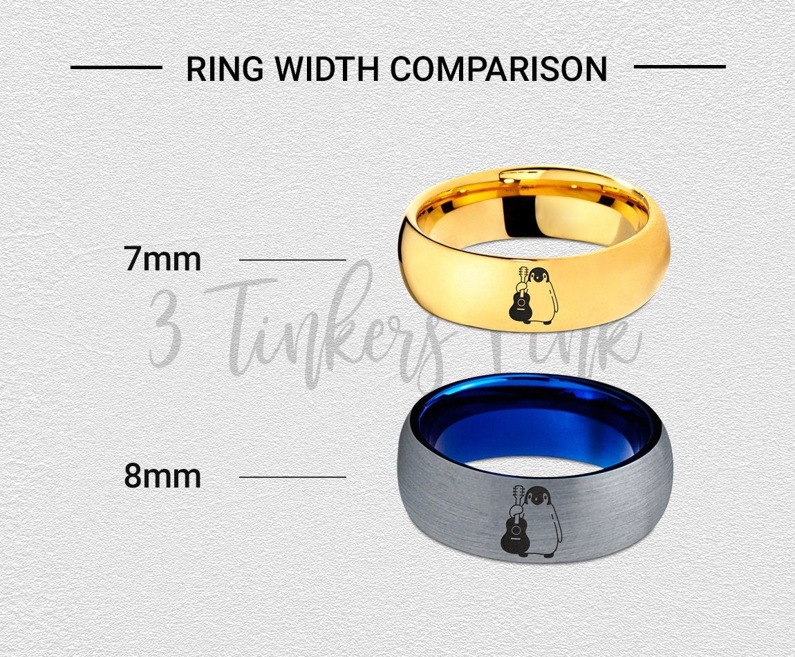 Penguin Character Guitar Ring,Tungsten Blue Ring,Silver Grey Brushed Ring,Mens Wedding Band,Tungsten Ring 8mm, Gifts for Him, Valentine Gift