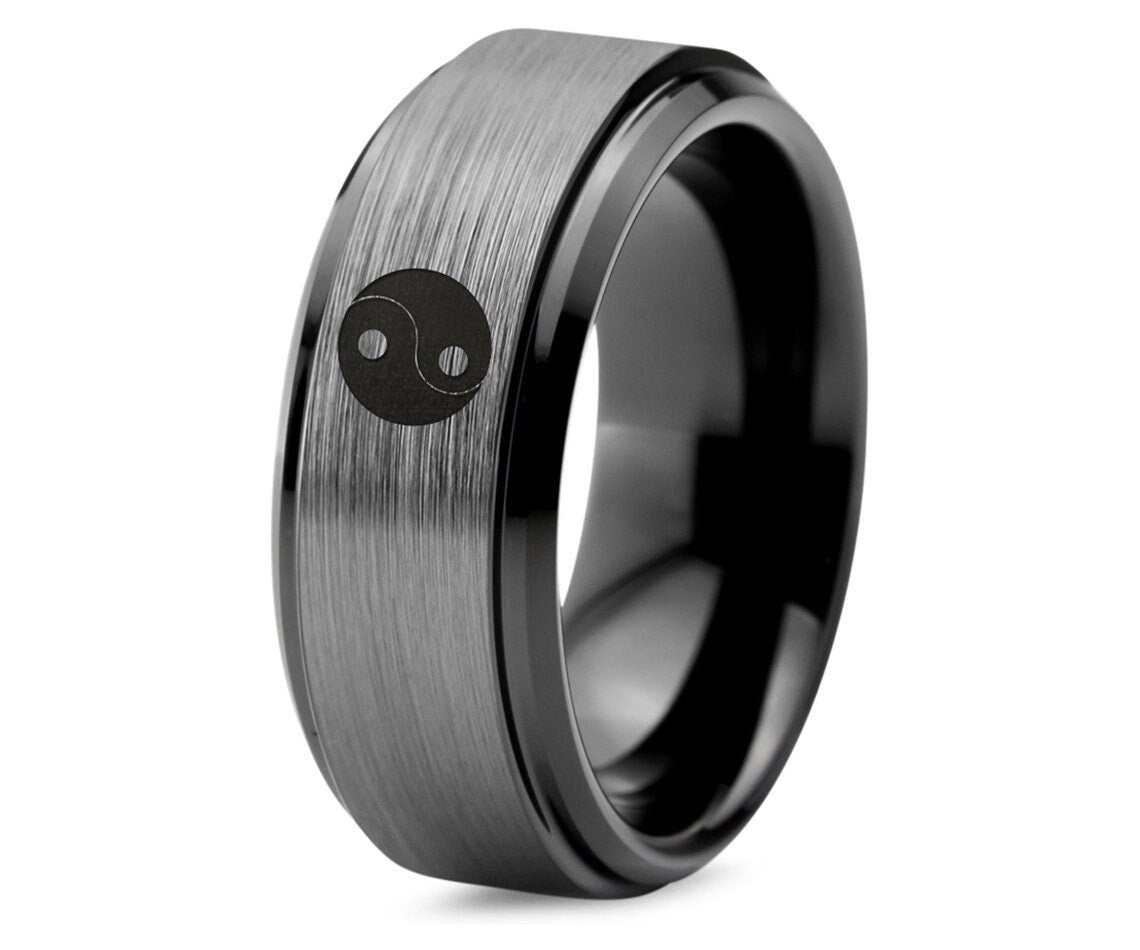 Religion Sign Taoism Ring,Silver Wedding Band, Black Tungsten Carbide,Engraved Ring,Graduation Ring,Promise Rings,Anniversary Gifts