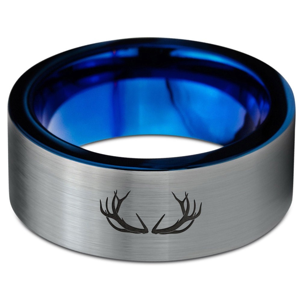 Deer Horns Ring | Antler Ring | Blue Wedding Band | Silver Brushed Tungsten Ring | Adjustable Ring | Engagement Rings For His and Her