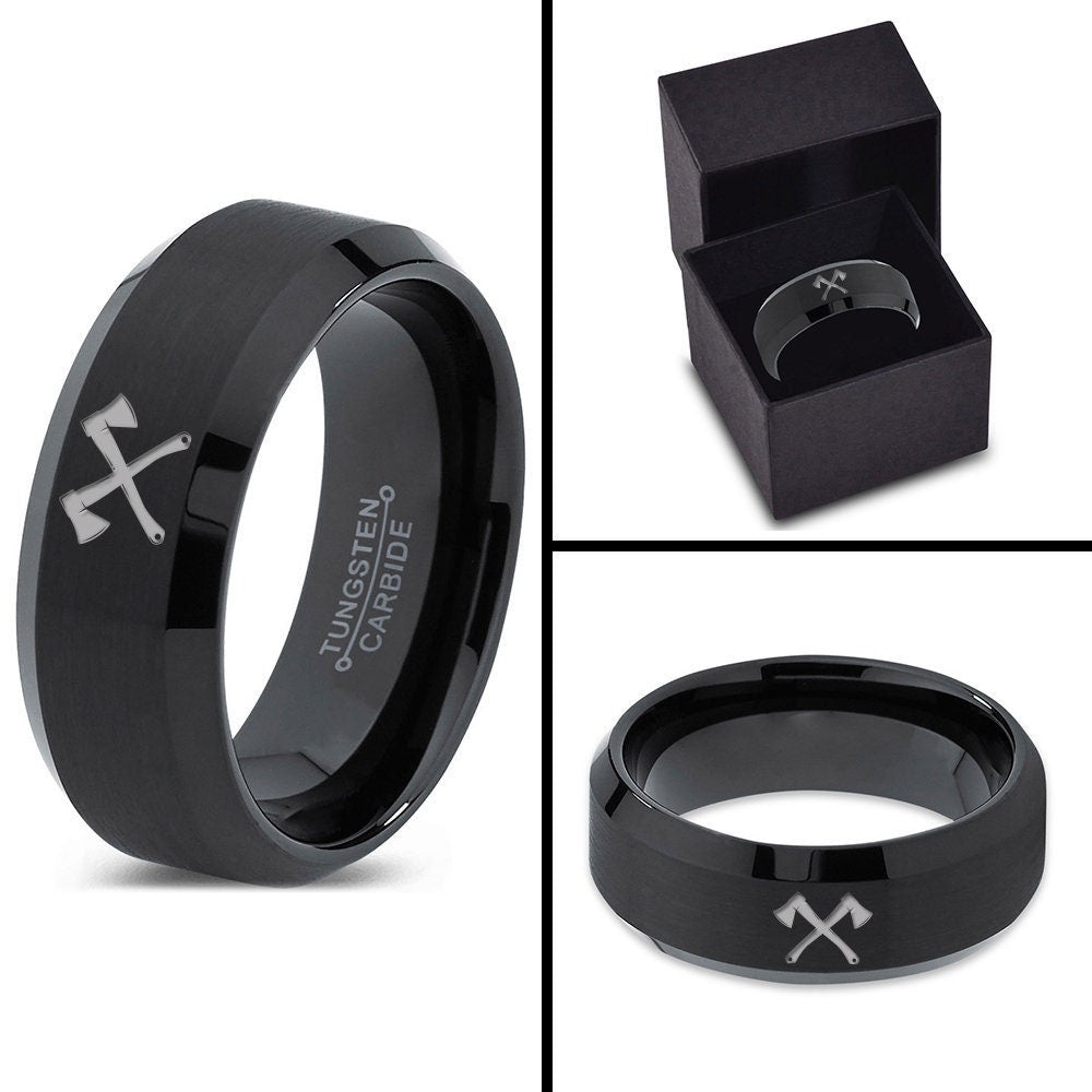 Camping Axe Ring - Wedding Bands For Men - Tungsten Engagement Ring - Bevel Brushed Black Ring - Anniversary Gifts For Mom - Gifts For Her