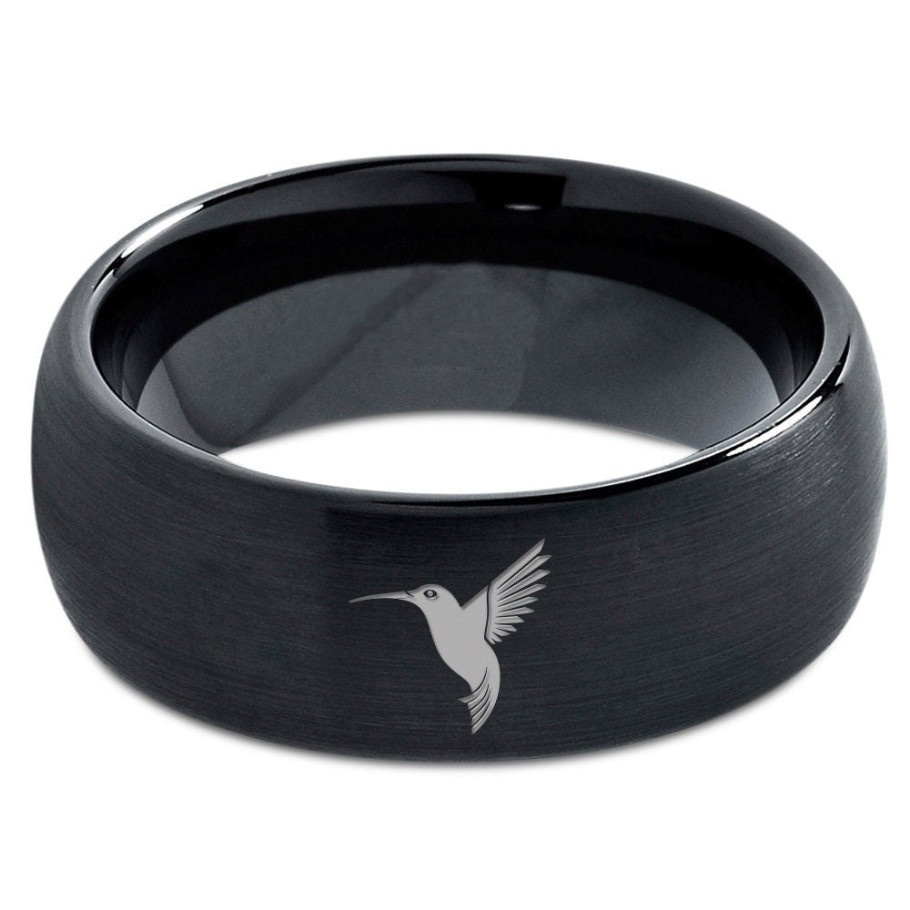 Humming Bird Ring, Black Mens Wedding Ring, Dome Black Tungsten, Unique Ring, Wedding Rings For Women, Gift For Daughter, Free Shipping