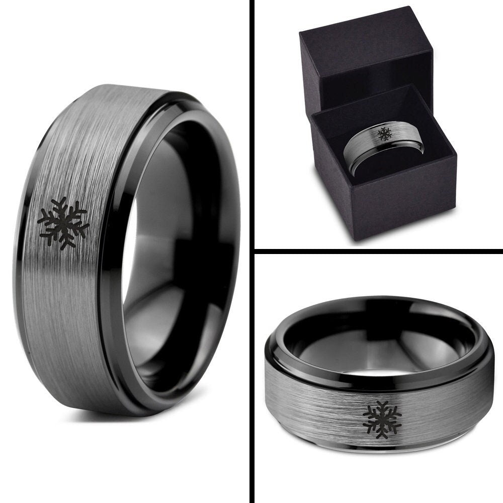 Christmas Snowflake Ring - Mens Wedding Band Black - Gifts For Men - Gray Tungsten Ring - Rings For Women - Christmas Gifts