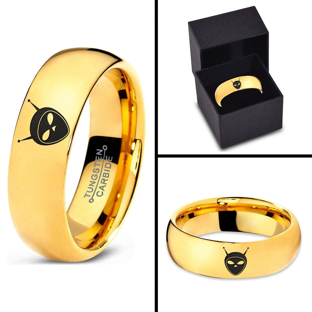 Alien Face Engraved Wedding Bands | Tungsten Gold Rings For Men | 18K Yellow Gold Ring | Personalized Birthday Gifts | Free Shipping