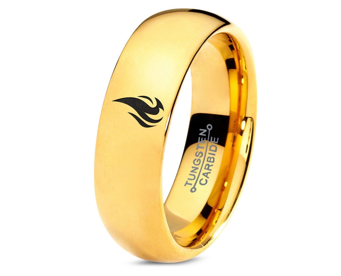 Engraved Fire Flame Ring - Wedding Rings For Women - 7mm Yellow Gold Tungsten Band - Promise Ring Sets - Mens Gifts For Birthday Unique