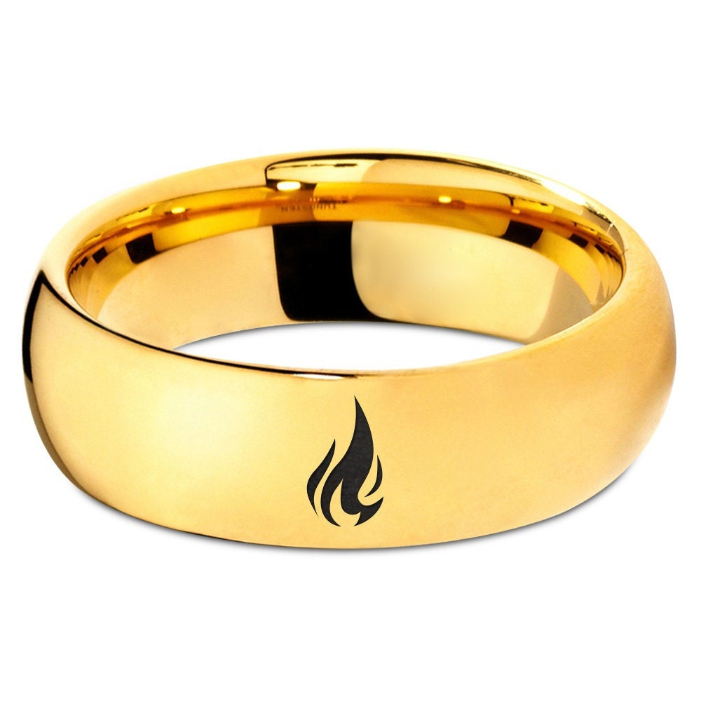 Engraved Fire Flame Ring - Wedding Rings For Women - 7mm Yellow Gold Tungsten Band - Promise Ring Sets - Mens Gifts For Birthday Unique