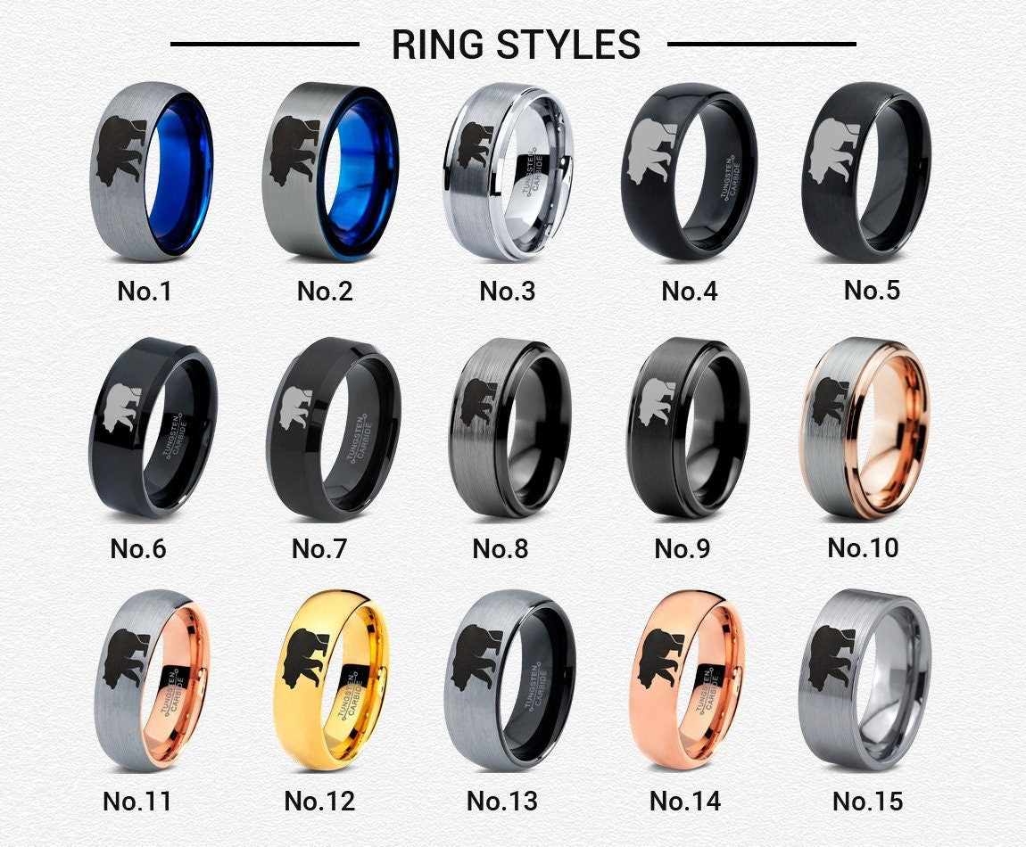 Mens Bear Walking Ring | Engraved Wedding Bands Black | Tungsten Rings For Men | His and Her Gifts | Matching Couple Ring | Ring For Husband