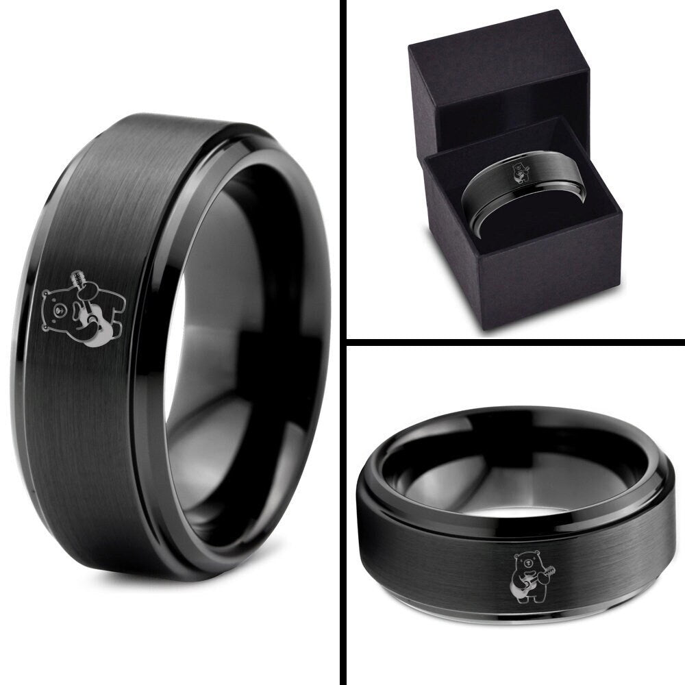 Laser Engraved Bear Acoustic Guitar Ring | Matte Black and Brushed Ring | Mens Wedding Band | Women Tungsten Ring | Gifts For Musician