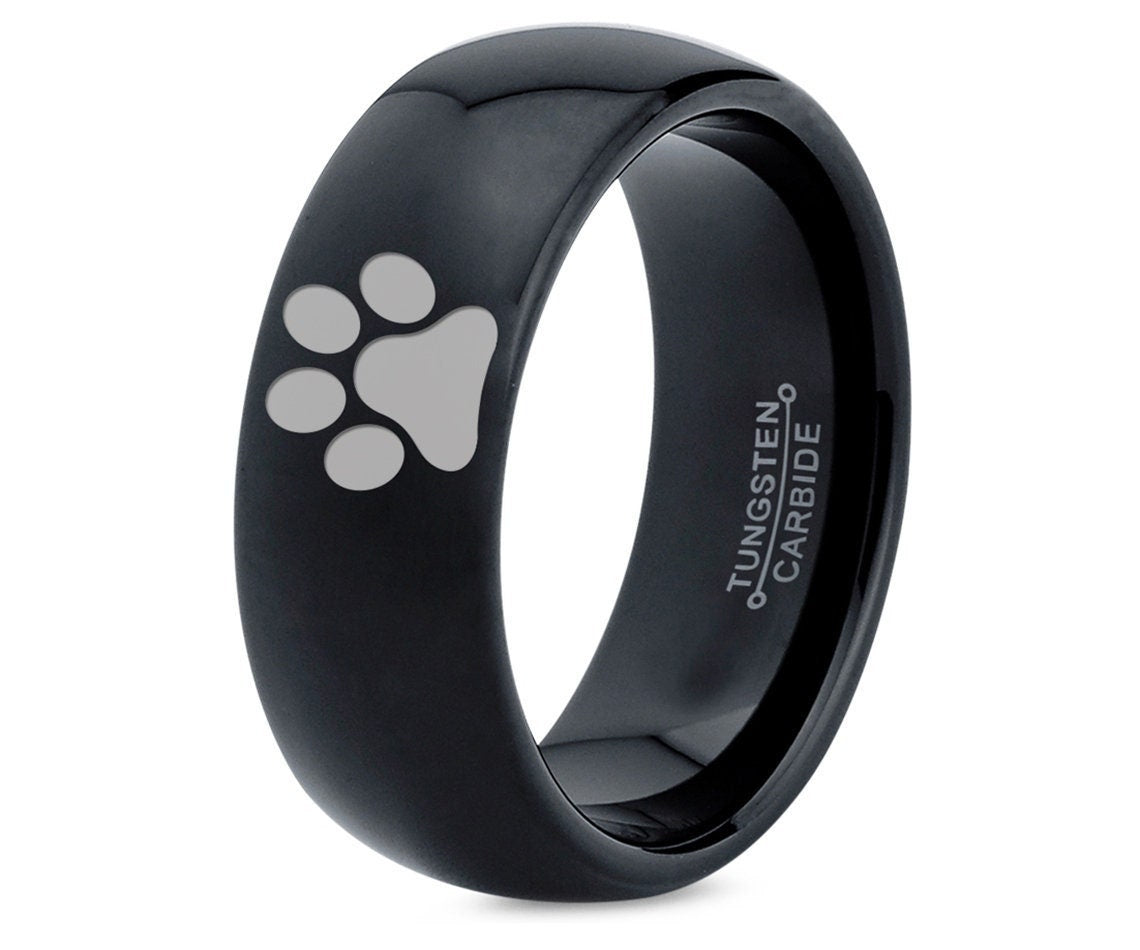 Mens Dog Paw Ring | Ladies Wedding Band | Dome Black Tungsten Ring | Midi Ring | Laser Engraved Ring | Gifts For Lady | His and Her Ring