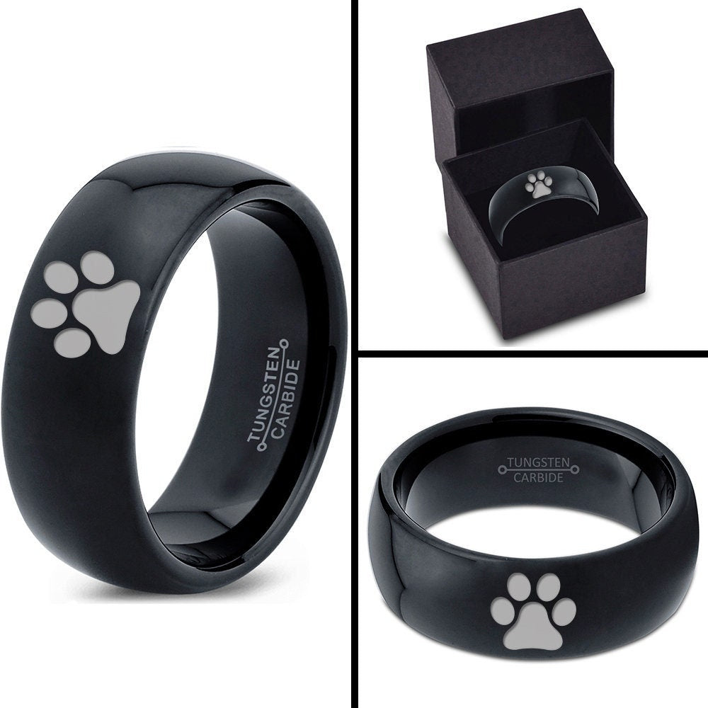 Mens Dog Paw Ring | Ladies Wedding Band | Dome Black Tungsten Ring | Midi Ring | Laser Engraved Ring | Gifts For Lady | His and Her Ring